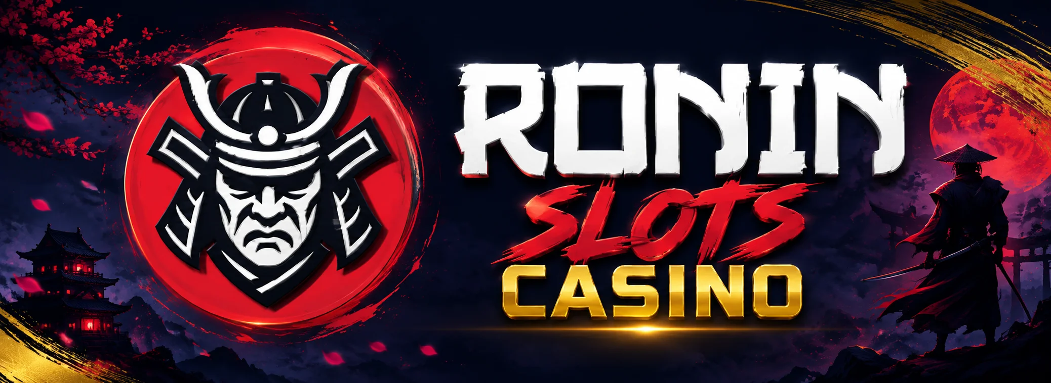 Ronin Slots Casino welcome offer banner with a samurai in crimson and gold armour